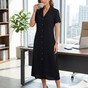 Talbots Size 14 Classic Black Button-Front Maxi  Dress